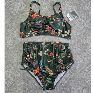Hanna Nikole Floral High Waisted Bikini Set Dark Green 22W